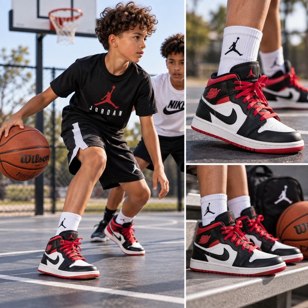 Nike Air Jordan 1 Mid Black White Gym Red DQ8424-106 Kids Size 3Y